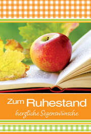 Faltkarte "Zum Ruhestand ..." Apfel und Buch – 5 Stück Faltkarte "Zum Ruhestand ..." Apfel und Buch – 5 Stück